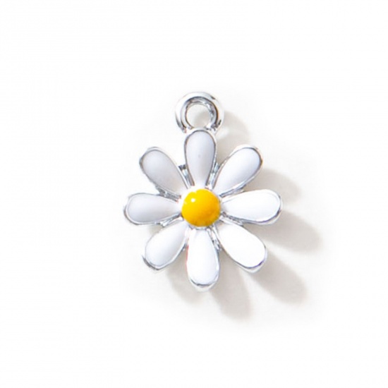 Picture of 10 PCs Zinc Based Alloy Charms Silver Tone White Daisy Flower Enamel 17.5mm x 14mm