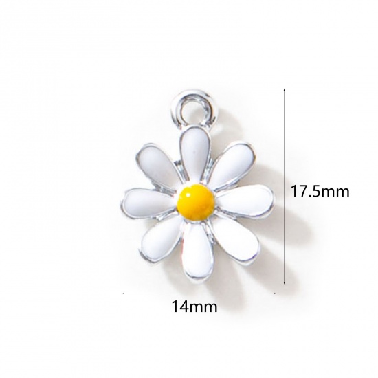 Picture of 10 PCs Zinc Based Alloy Charms Silver Tone White Daisy Flower Enamel 17.5mm x 14mm