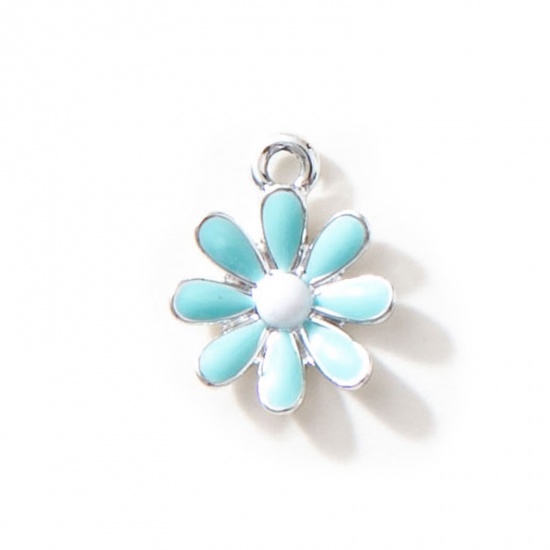 Picture of 10 PCs Zinc Based Alloy Charms Silver Tone Blue Daisy Flower Enamel 17.5mm x 14mm