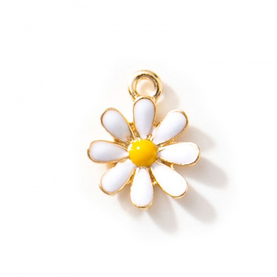 Picture of 10 PCs Zinc Based Alloy Charms Gold Plated White Daisy Flower Enamel 17.5mm x 14mm