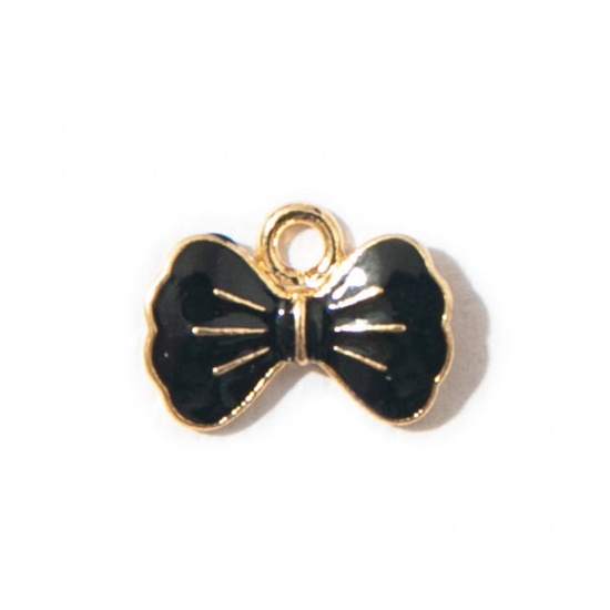 Picture of 10 PCs Zinc Based Alloy Clothes Charms Gold Plated Black Bowknot Enamel 15mm x 11mm