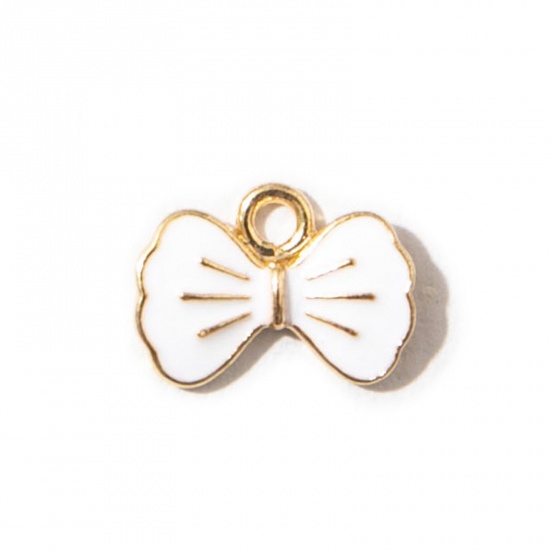 Picture of 10 PCs Zinc Based Alloy Clothes Charms Gold Plated White Bowknot Enamel 15mm x 11mm