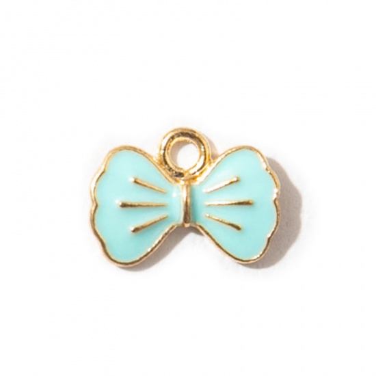 Picture of 10 PCs Zinc Based Alloy Clothes Charms Gold Plated Blue Bowknot Enamel 15mm x 11mm