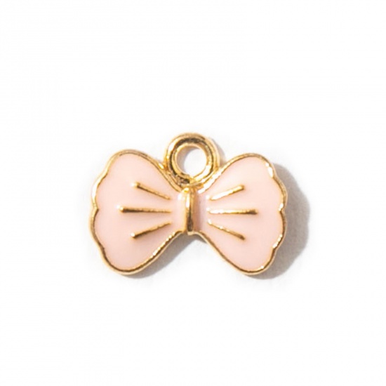 Picture of 10 PCs Zinc Based Alloy Clothes Charms Gold Plated Pink Bowknot Enamel 15mm x 11mm