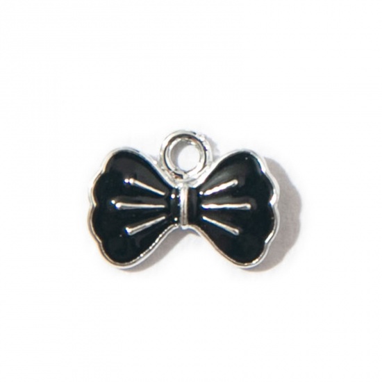 Picture of 10 PCs Zinc Based Alloy Clothes Charms Silver Tone Black Bowknot Enamel 15mm x 11mm