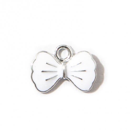 Picture of 10 PCs Zinc Based Alloy Clothes Charms Silver Tone White Bowknot Enamel 15mm x 11mm