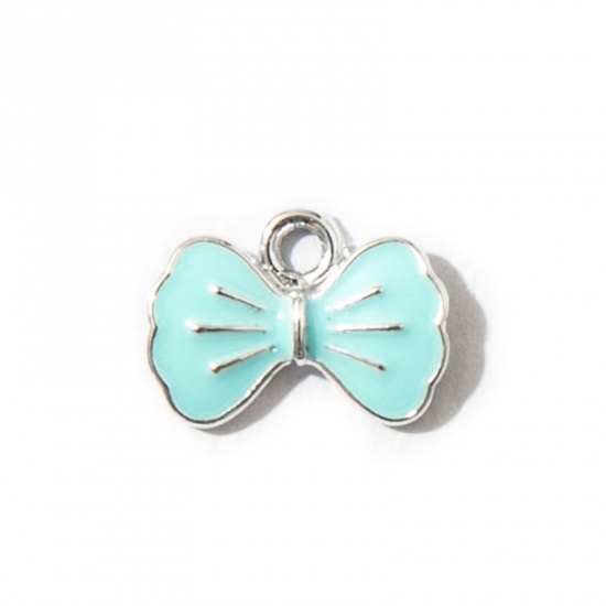 Picture of 10 PCs Zinc Based Alloy Clothes Charms Silver Tone Blue Bowknot Enamel 15mm x 11mm