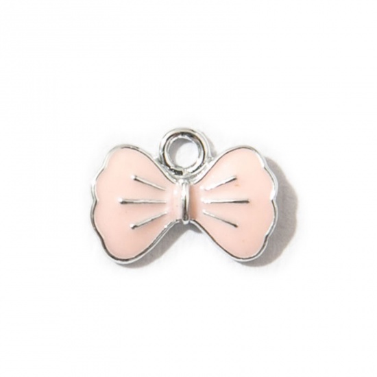 Picture of 10 PCs Zinc Based Alloy Clothes Charms Silver Tone Pink Bowknot Enamel 15mm x 11mm