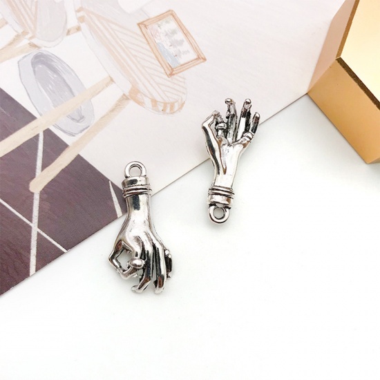 Picture of 20 PCs Zinc Based Alloy Charms Antique Silver Color Hand Sign Gesture 3D 25mm x 12mm