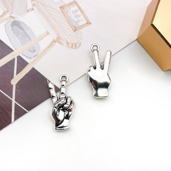 Picture of 20 PCs Zinc Based Alloy Charms Antique Silver Color Hand Sign Gesture 3D 23mm x 12mm