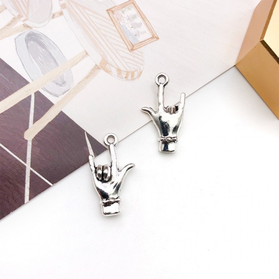 Picture of 20 PCs Zinc Based Alloy Charms Antique Silver Color Hand Sign Gesture 3D 20mm x 11mm