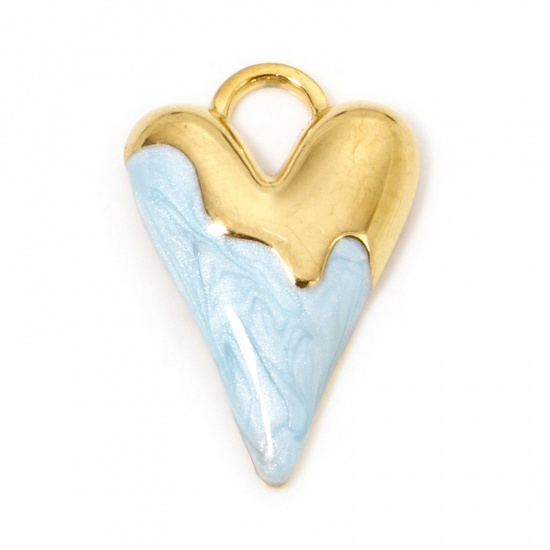 Immagine di 1 Pz Placcatura Sottovuoto 304 Acciaio Inossidabile San Valentino Ciondoli Cuore Oro Placcato Blu Chiaro Smalto 25.5mm x 17mm