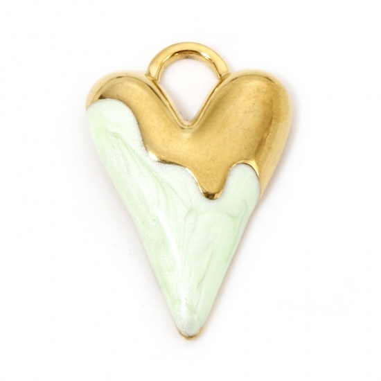 Immagine di 1 Pz Placcatura Sottovuoto 304 Acciaio Inossidabile San Valentino Ciondoli Cuore Oro Placcato Verde Chiaro Smalto 25.5mm x 17mm
