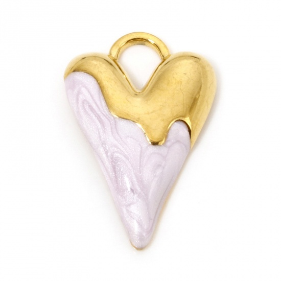 Immagine di 1 Pz Placcatura Sottovuoto 304 Acciaio Inossidabile San Valentino Ciondoli Cuore Oro Placcato Lilla Pallido Smalto 25.5mm x 17mm
