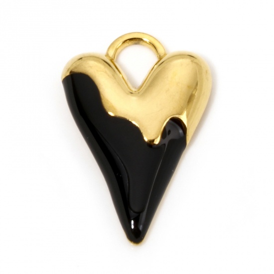 Immagine di 1 Pz Placcatura Sottovuoto 304 Acciaio Inossidabile San Valentino Ciondoli Cuore Oro Placcato Nero Smalto 25.5mm x 17mm
