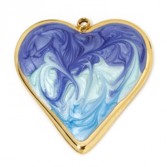 Immagine di 1 Pz Placcatura Sottovuoto 304 Acciaio Inossidabile San Valentino Ciondoli Pendenti Cuore Oro Placcato Blu ( Può tenere Colore Sfumato Smalto 31.5mm x 29.5mm