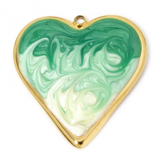 Immagine di 1 Pz Placcatura Sottovuoto 304 Acciaio Inossidabile San Valentino Ciondoli Pendenti Cuore Oro Placcato Verde ( Può tenere Colore Sfumato Smalto 31.5mm x 29.5mm