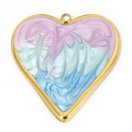 Immagine di 1 Pz Placcatura Sottovuoto 304 Acciaio Inossidabile San Valentino Ciondoli Pendenti Cuore Oro Placcato Rosa & Blu Chiaro ( Può tenere Colore Sfumato Smalto 31.5mm x 29.5mm