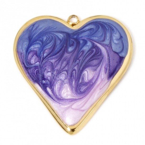 Immagine di 1 Pz Placcatura Sottovuoto 304 Acciaio Inossidabile San Valentino Ciondoli Pendenti Cuore Oro Placcato Blu & Rosa ( Può tenere Colore Sfumato Smalto 31.5mm x 29.5mm