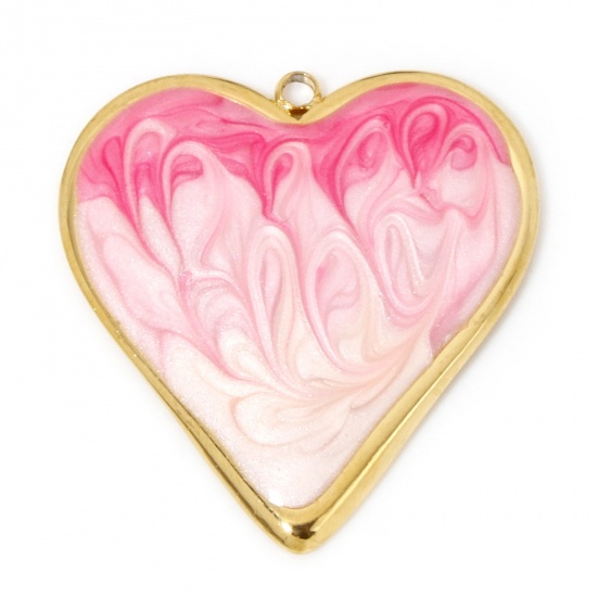 Immagine di 1 Pz Placcatura Sottovuoto 304 Acciaio Inossidabile San Valentino Ciondoli Pendenti Cuore Oro Placcato Rosa Caldo ( Può tenere Colore Sfumato Smalto 31.5mm x 29.5mm
