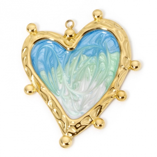 Immagine di 1 Pz Placcatura Sottovuoto 304 Acciaio Inossidabile San Valentino Ciondoli Pendenti Cuore Oro Placcato Blu & Verde ( Può tenere Colore Sfumato Smalto 31.5mm x 29.5mm
