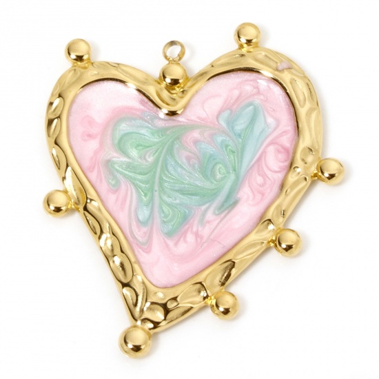 Immagine di 1 Pz Placcatura Sottovuoto 304 Acciaio Inossidabile San Valentino Ciondoli Pendenti Cuore Oro Placcato Rosa & Verde ( Può tenere Colore Sfumato Smalto 31.5mm x 29.5mm