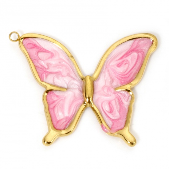 Picture of 1 Piece Vacuum Plating 304 Stainless Steel Retro Pendants Gold Plated White & Pink Gradient Color Butterfly Animal Enamel 33.5mm x 26mm