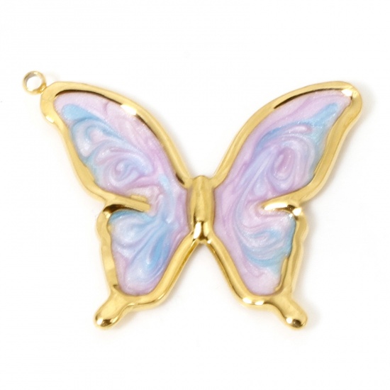 Picture of 1 Piece Vacuum Plating 304 Stainless Steel Retro Pendants Gold Plated Purple & Blue Gradient Color Butterfly Animal Enamel 33.5mm x 26mm