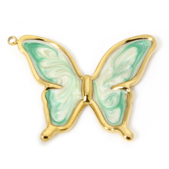 Picture of 1 Piece Vacuum Plating 304 Stainless Steel Retro Pendants Gold Plated Green Gradient Color Butterfly Animal Enamel 33.5mm x 26mm