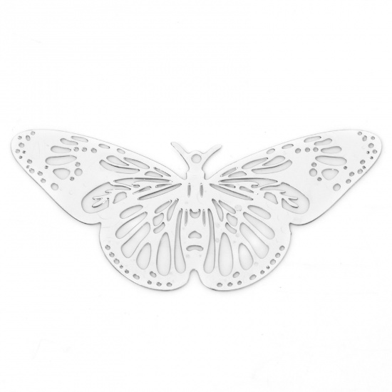 Picture of 10 PCs Iron Based Alloy Filigree Stamping Pendants Silver Tone Butterfly Animal Hollow 4.8cm x 2.3cm