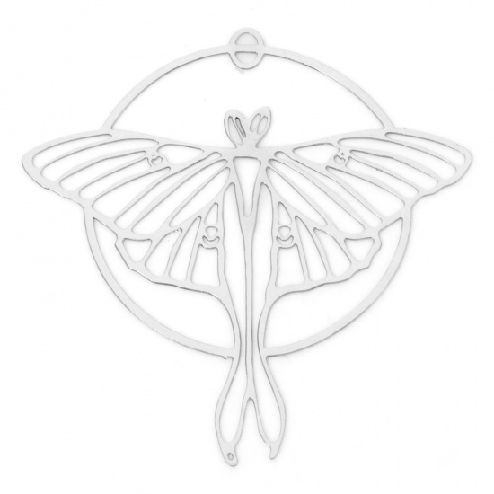 Picture of 10 PCs Iron Based Alloy Filigree Stamping Pendants Silver Tone Butterfly Animal Round Hollow 4.2cm x 4.1cm