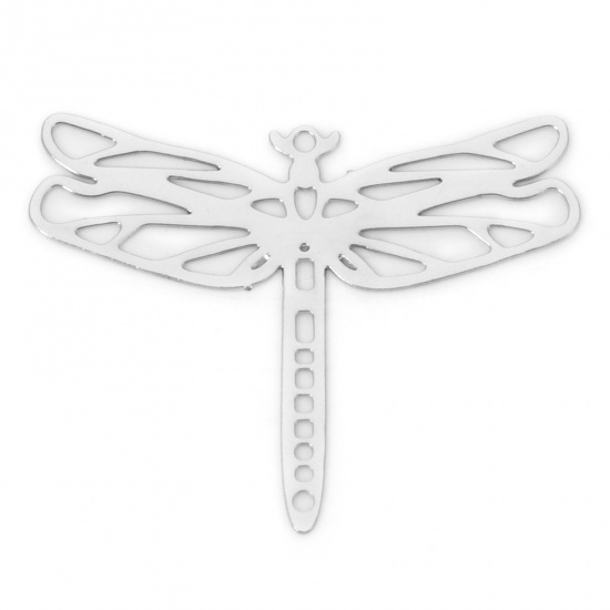 Picture of 10 PCs Iron Based Alloy Filigree Stamping Charms Silver Tone Dragonfly Animal Hollow 29mm x 23mm