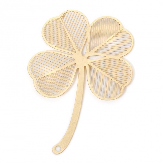 Picture of 5 PCs Iron Based Alloy Filigree Stamping Pendants KC Gold Plated Four Leaf Clover Hollow 6.5cm x 4.5cm