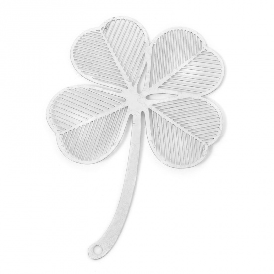 Picture of 5 PCs Iron Based Alloy Filigree Stamping Pendants Silver Tone Four Leaf Clover Hollow 6.5cm x 4.5cm