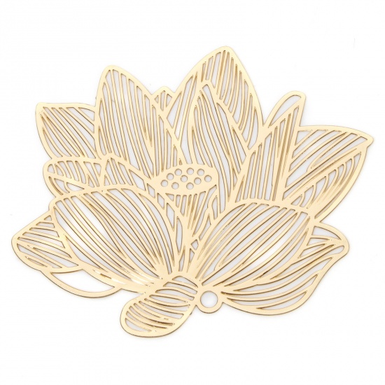 Picture of 5 PCs Iron Based Alloy Filigree Stamping Pendants KC Gold Plated Lotus Flower Hollow 6.1cm x 4.8cm