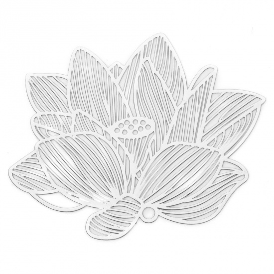 Picture of 5 PCs Iron Based Alloy Filigree Stamping Pendants Silver Tone Lotus Flower Hollow 6.1cm x 4.8cm