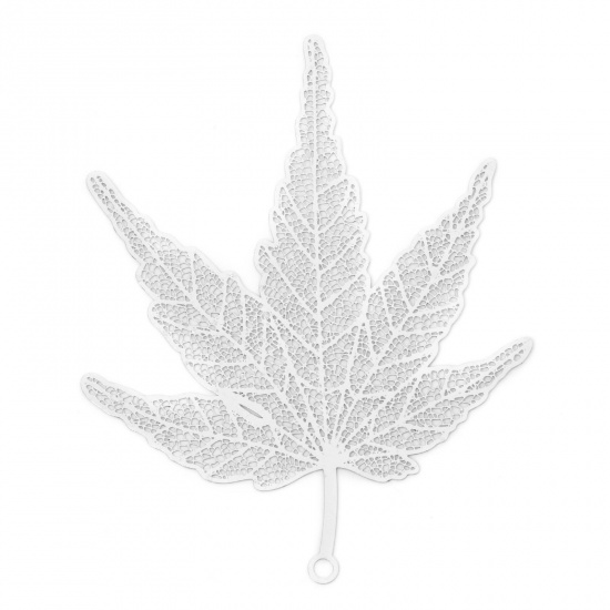 Picture of 5 PCs Iron Based Alloy Filigree Stamping Pendants Silver Tone Maple Leaf Hollow 8.1cm x 6.4cm