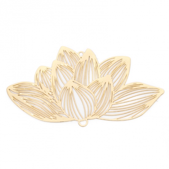 Picture of 5 PCs Iron Based Alloy Filigree Stamping Pendants KC Gold Plated Lotus Flower Hollow 7.1cm x 3.9cm