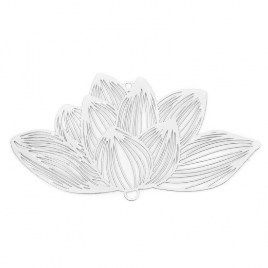 Picture of 5 PCs Iron Based Alloy Filigree Stamping Pendants Silver Tone Lotus Flower Hollow 7.1cm x 3.9cm