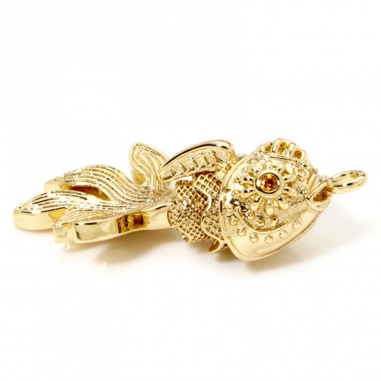 Picture of 1 Piece Eco-friendly Brass Ocean Jewelry Charms 18K Real Gold Plated Goldfish Movable Orange Cubic Zirconia 3D 26mm x 14mm