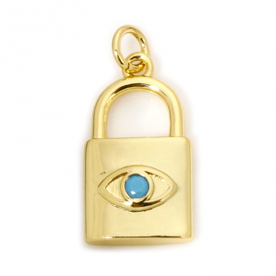 Picture of 1 Piece Eco-friendly Brass Charms 18K Real Gold Plated Lock Blue Cubic Zirconia 18mm x 9mm