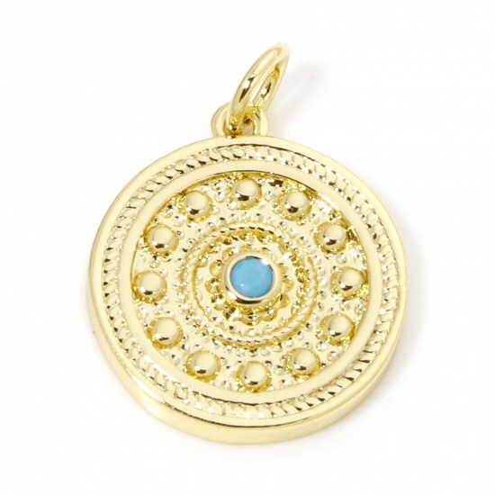 Picture of 1 Piece Eco-friendly Brass Charms 18K Real Gold Plated Round Carved Pattern Blue Cubic Zirconia 20mm x 15mm