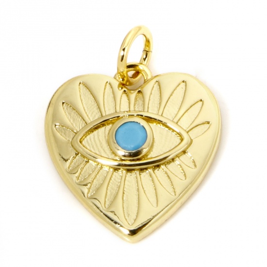 Picture of 1 Piece Eco-friendly Brass Religious Charms 18K Real Gold Plated Heart Eye of Providence/ All-seeing Eye Blue Cubic Zirconia 19mm x 14mm