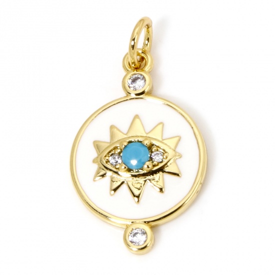 Picture of 1 Piece Eco-friendly Brass Religious Charms 18K Real Gold Plated White Round Eye of Providence/ All-seeing Eye Enamel Clear & Blue Cubic Zirconia 23mm x 12.5mm