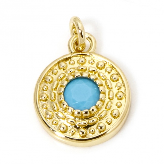 Picture of 1 Piece Eco-friendly Brass Charms 18K Real Gold Plated Round Carved Pattern Blue Cubic Zirconia 15mm x 10.5mm