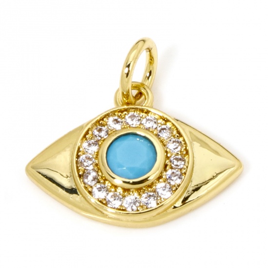 Picture of 1 Piece Eco-friendly Brass Charms 18K Real Gold Plated Eye Micro Pave Clear & Black Cubic Zirconia 15mm x 13mm