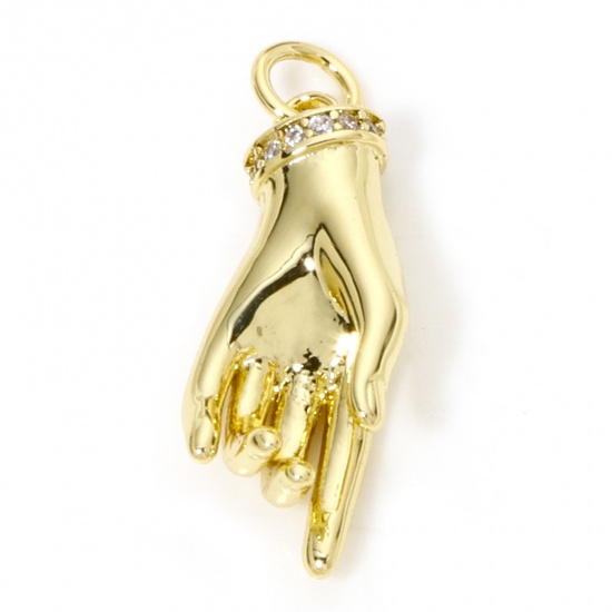 Picture of 1 Piece Eco-friendly Brass Charms 18K Real Gold Plated Hand Gesture 3D 24mm x 14mm
