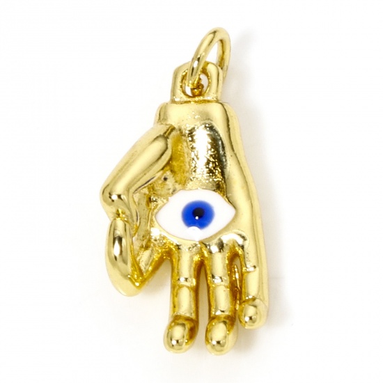 Picture of 1 Piece Eco-friendly Brass Charms 18K Real Gold Plated Hand Evil Eye 3D 23mm x 10mm