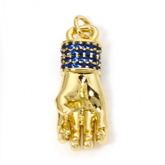 Picture of 1 Piece Eco-friendly Brass Charms 18K Real Gold Plated Hand Gesture 3D Deep Blue Cubic Zirconia 22mm x 13mm
