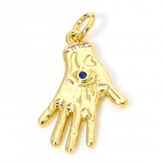 Picture of 1 Piece Eco-friendly Brass Charms 18K Real Gold Plated Hand Eye 3D Deep Blue Cubic Zirconia 26mm x 9mm